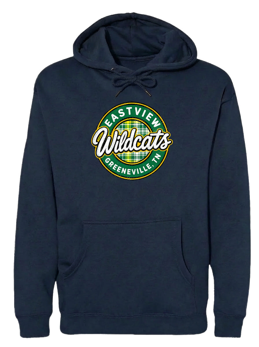 A navy blue hoodie with a circular logo on the front. The logo features the text "EASTVIEW Wildcats" and "GREENVILLE, TENN."