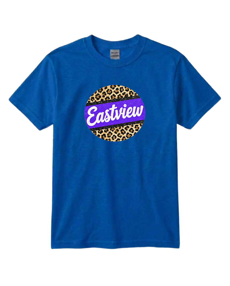A blue t-shirt with a circular graphic design featuring a leopard print pattern and the word "Eastview" written in white text.