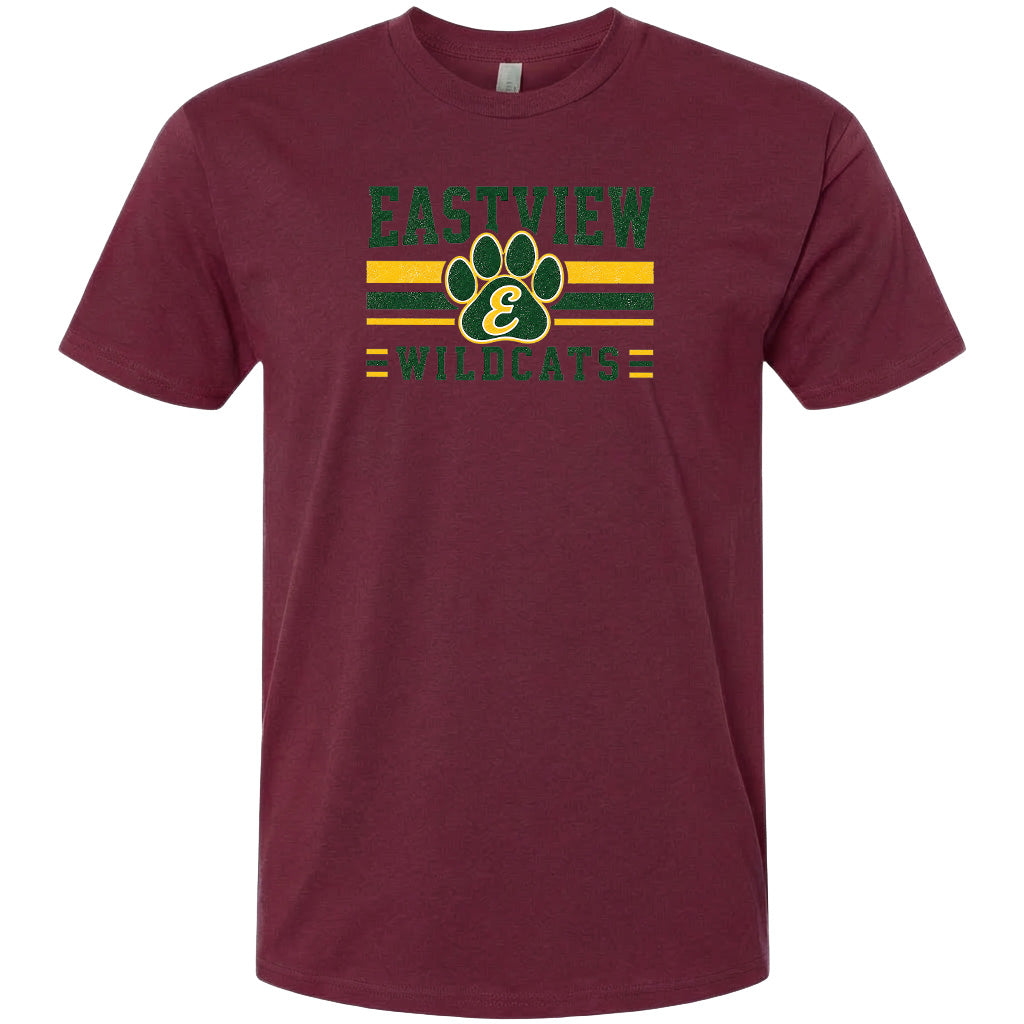 A burgundy-colored t-shirt with a graphic design featuring a paw print and the text "EASTVIEW WILDCATS" printed on it.