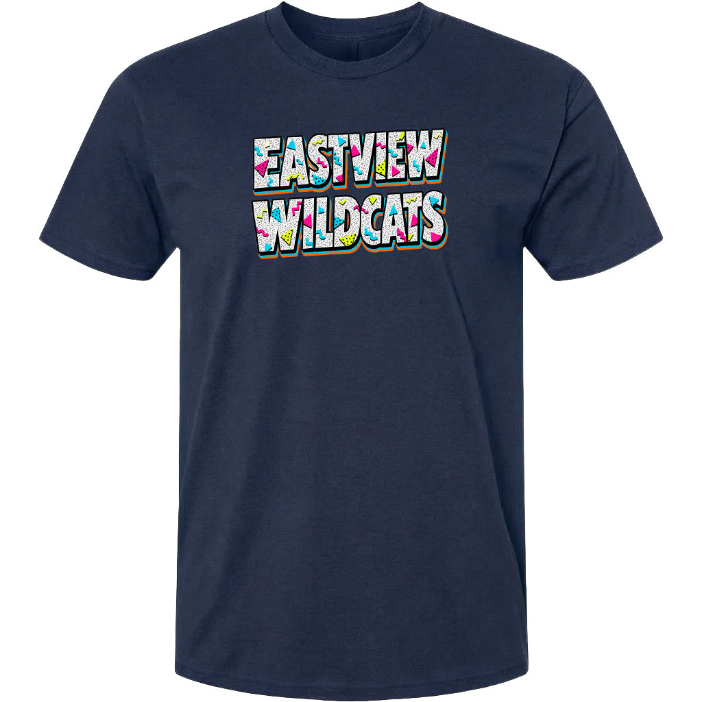 A navy blue t-shirt with the text "EASTVIEW WILDCATS" printed on it in a colorful, stylized font.