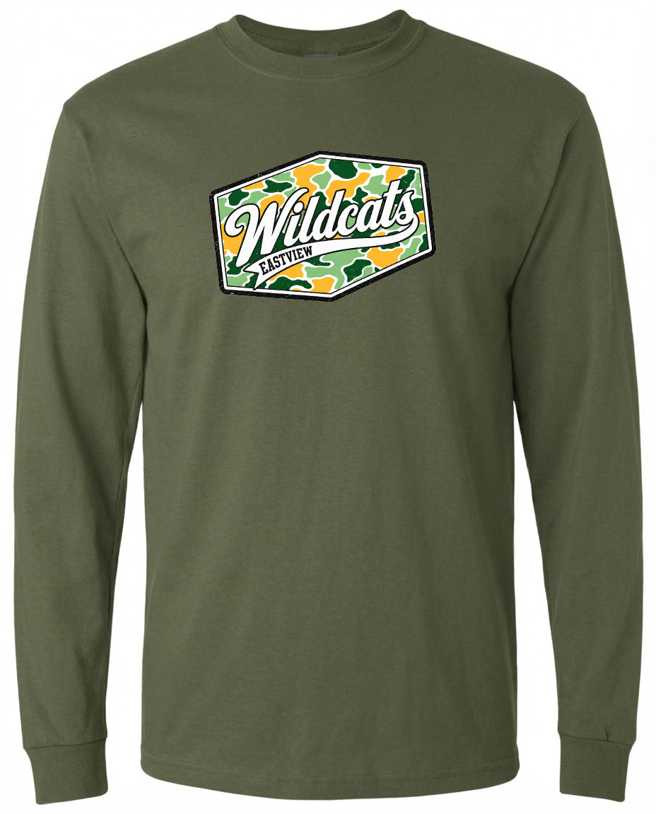 A long-sleeved olive green t-shirt with a graphic design on the front.