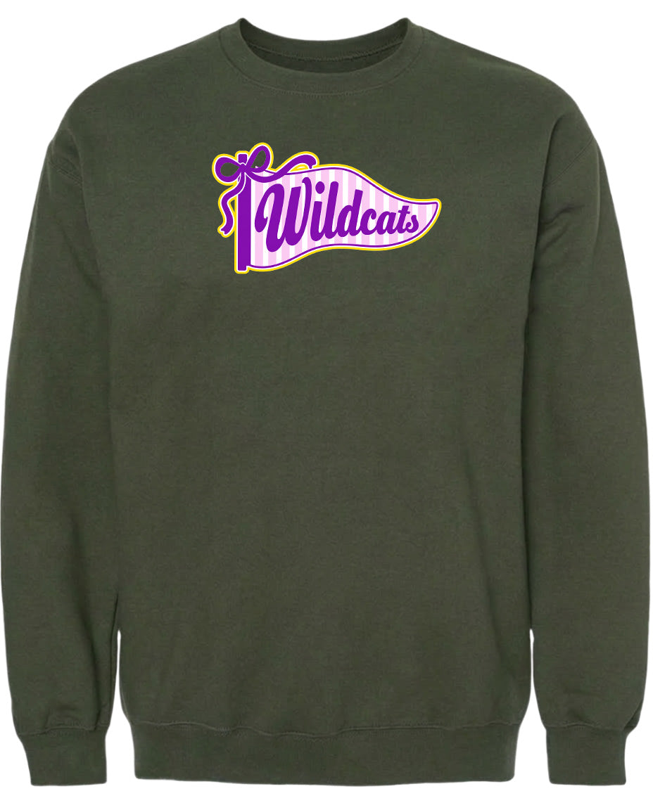 A dark green sweatshirt with a purple and pink banner that says "Wildcats" on it.