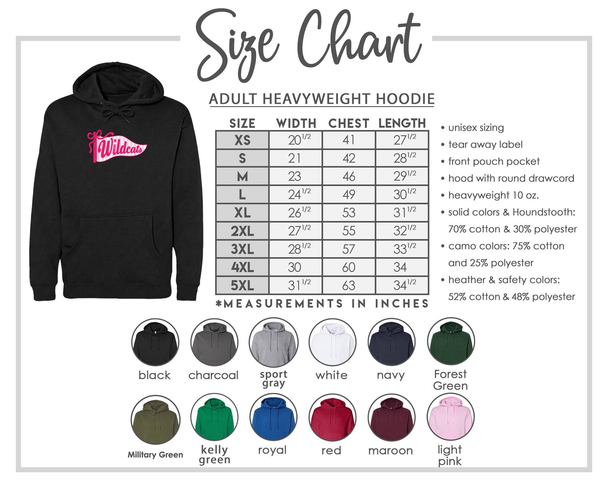 The image is a size chart for an adult heavyweight hoodie, providing measurements for different chest sizes and widths.