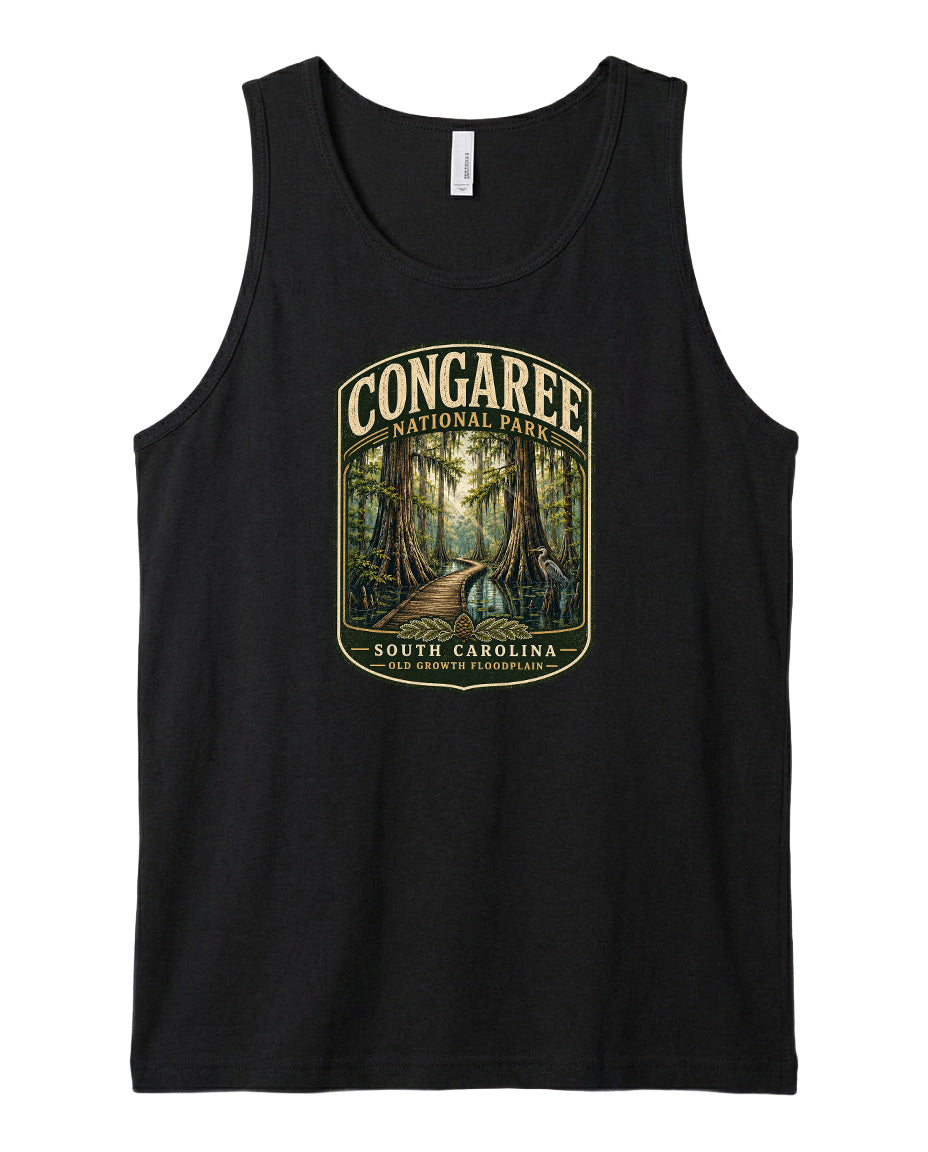 A black tank top with a graphic design depicting a forest scene, specifically Congaree National Park in South Carolina.
