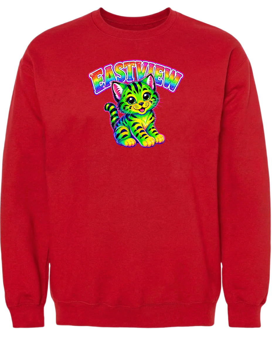 A red sweatshirt with a colorful graphic of a cat and the word "EASTVIEW" printed on it.