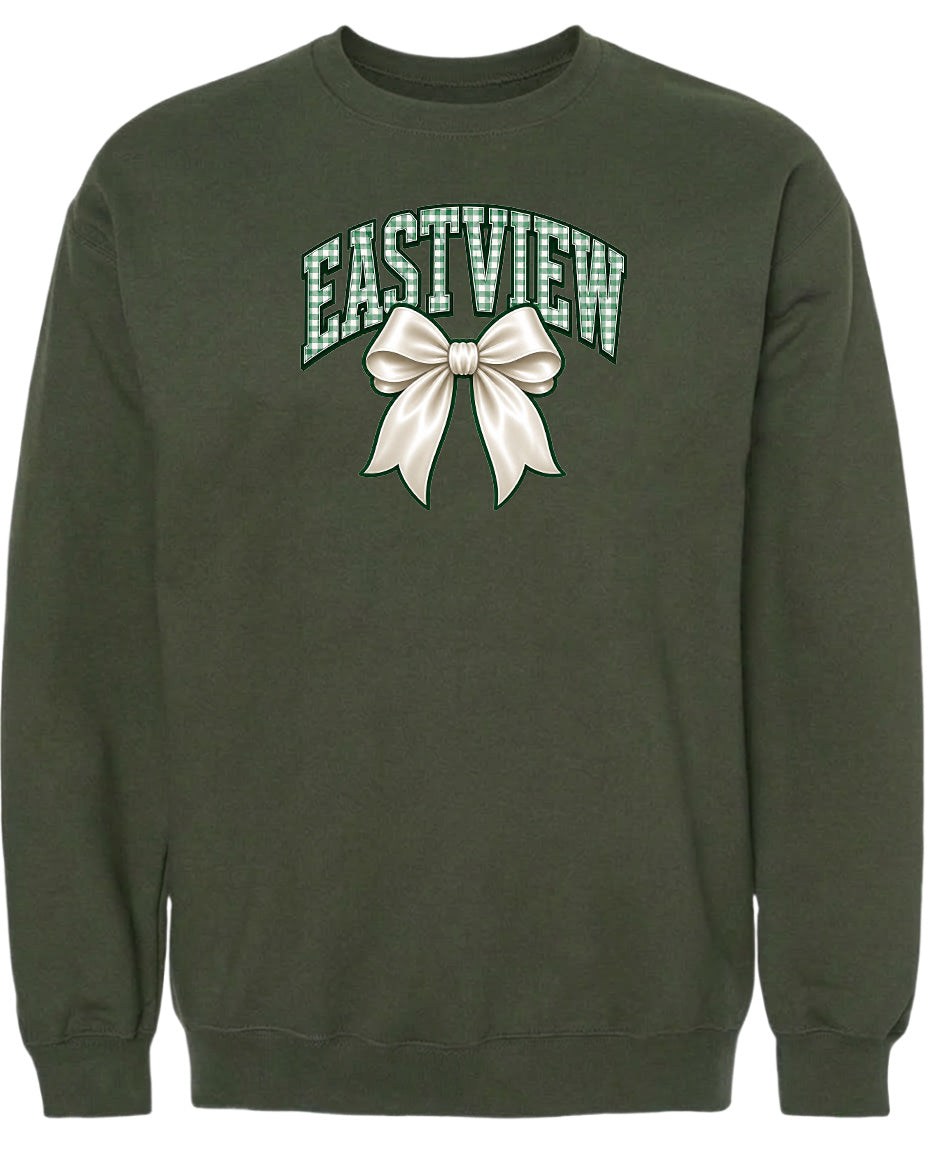 A dark green sweatshirt with a graphic design on the front.