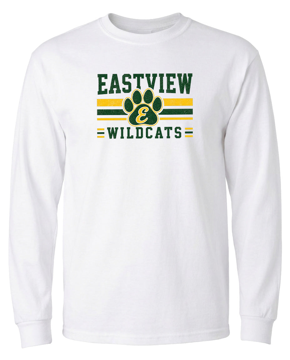 A white long-sleeved t-shirt with a graphic design featuring the text "EASTVIEW WILDCATS" and a paw print symbol.
