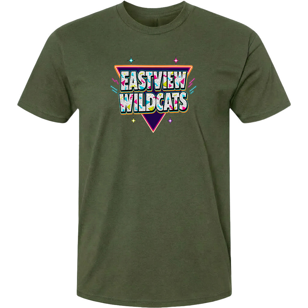 A green t-shirt with a colorful graphic design featuring the text "EASTVIEW WILDCATS" in a stylized font.
