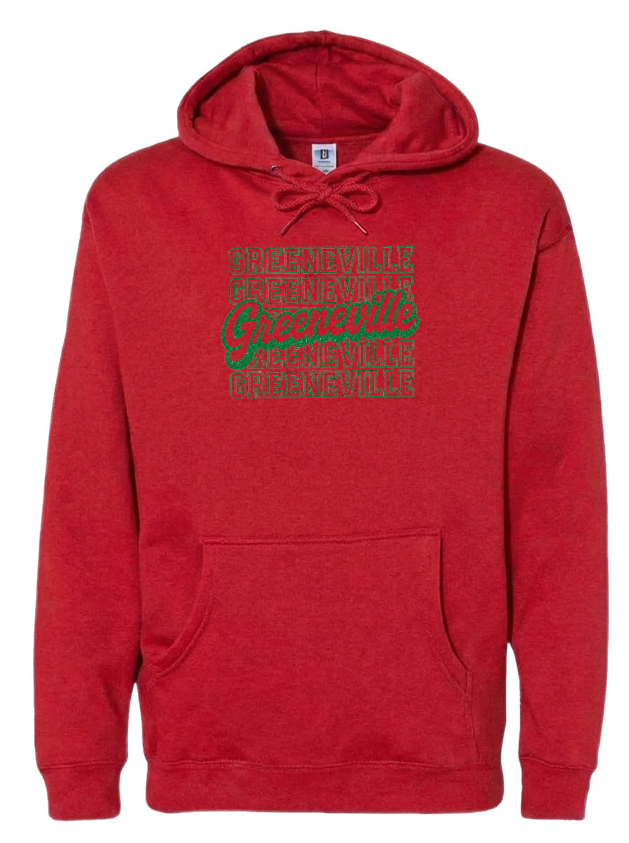 A red hoodie with a graphic design on the front, featuring the text "Greenville" in green and white.