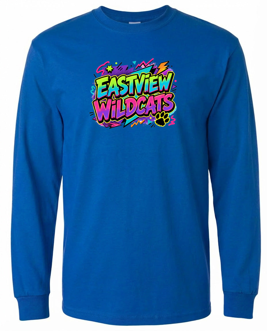 A blue long-sleeved shirt with a colorful graphic design on the front.