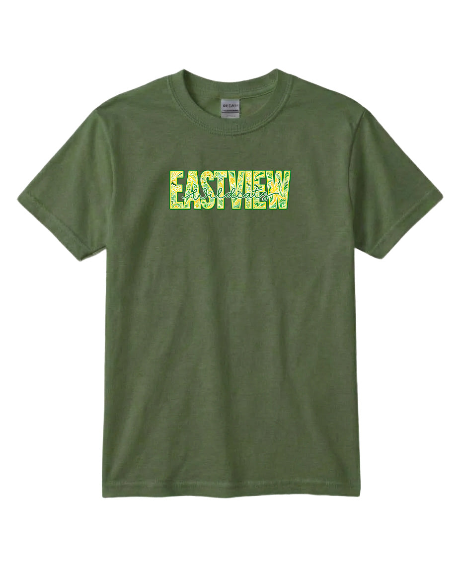 A green t-shirt with the word "EASTVIEW" printed on it in a stylized font.