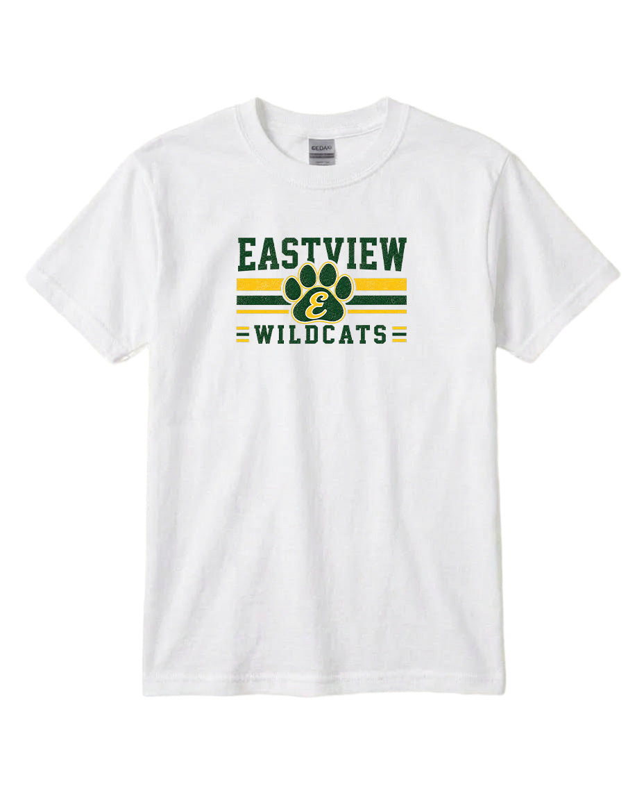 A white t-shirt with a graphic design featuring the text "EASTVIEW WILDCATS" and a paw print symbol.