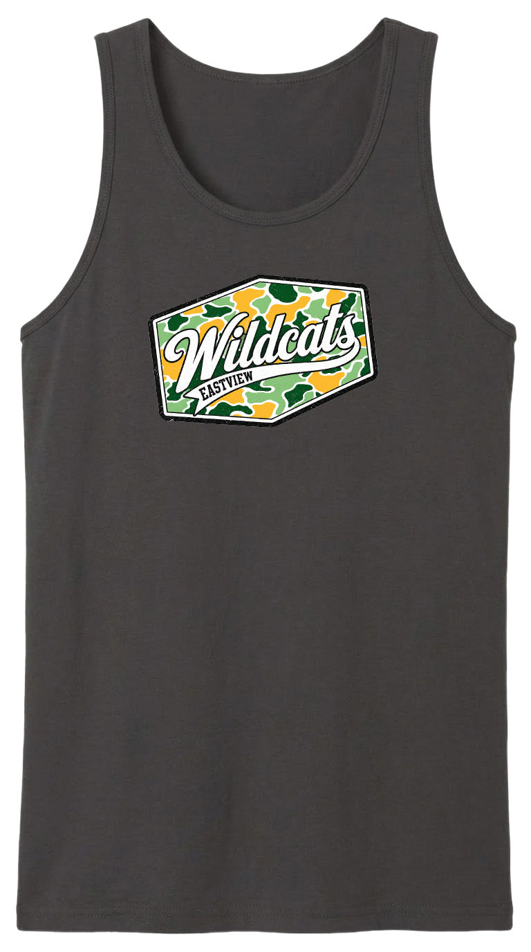 A gray tank top with a graphic design featuring the text "Wildcats" and a camouflage pattern.