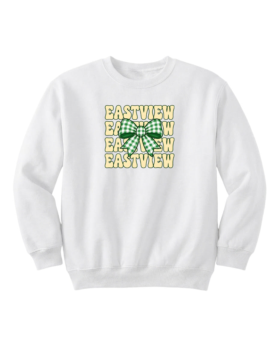 A white sweatshirt with a graphic design featuring the word "EASTVIEW" repeated in a pattern, with a green bow in the center.