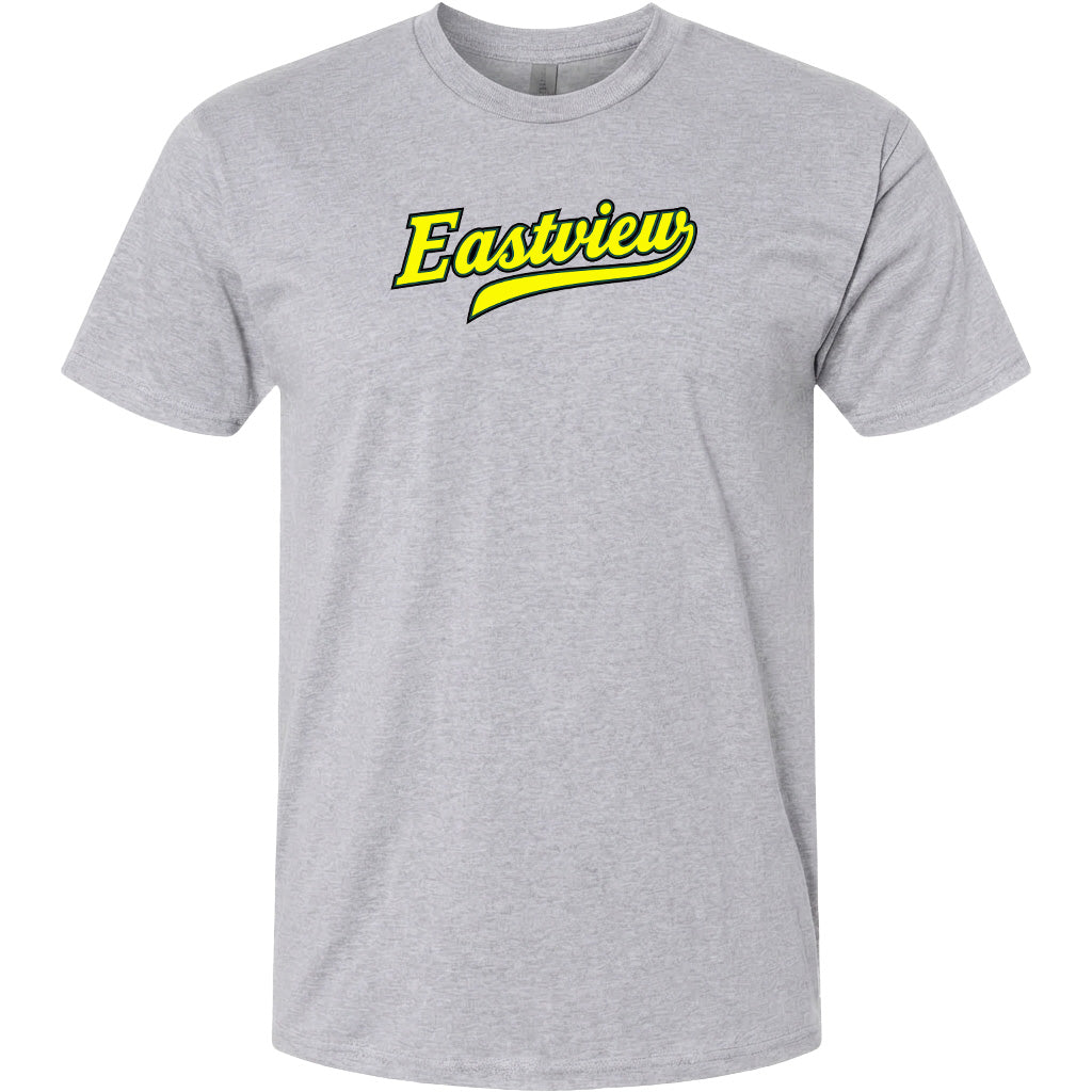 A gray t-shirt with the text "Eastview" printed in yellow on the front.