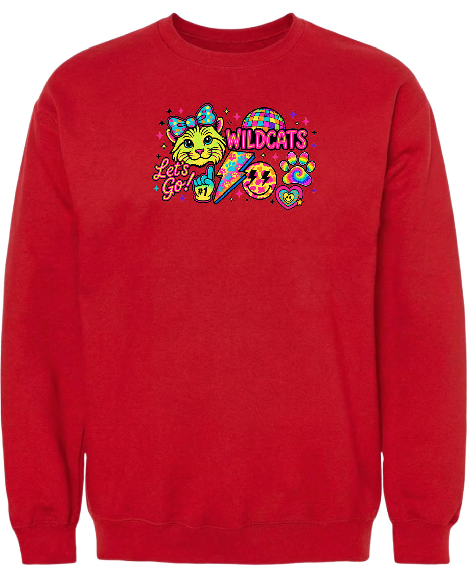 A red sweatshirt with a colorful graphic design featuring a cat, a surfboard, and various other elements.