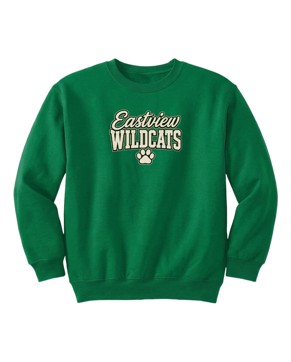A bright green sweatshirt with the text "Eastview Wildcats" printed on it.