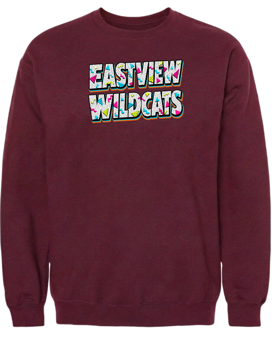 A burgundy sweatshirt with the text "EASTVIEW WILDCATS" printed on it.