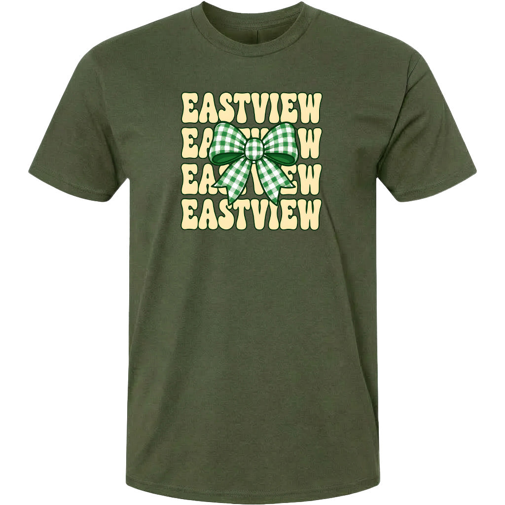 A green t-shirt with a graphic design featuring a green and white checkered bow and the text "EASTVIEW" repeated in a vertical pattern.
