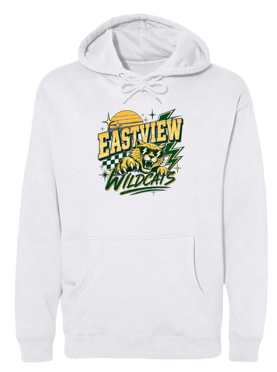 A white hoodie with a graphic design featuring a yellow and green tiger, along with the text "EASTVIEW WILDCATS".