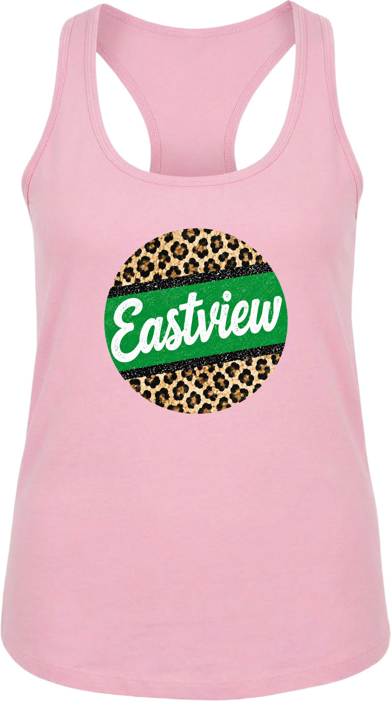 A pink tank top with a leopard print design and the word "Eastview" printed on it.
