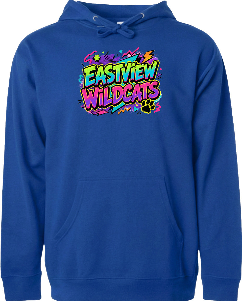 A blue hoodie with a colorful graphic design featuring the text "EASTVIEW WILDCATS" and a paw print.