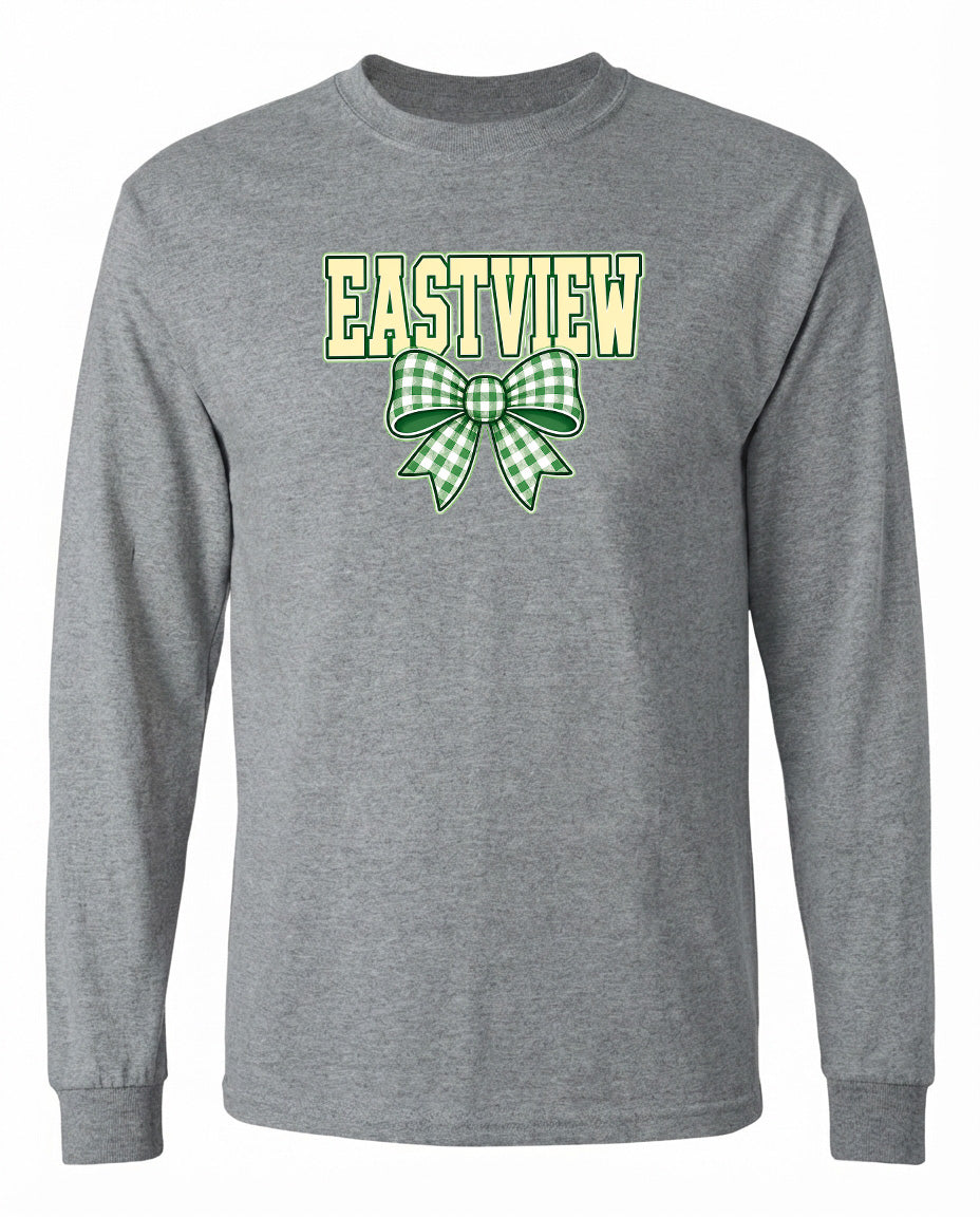 A gray long-sleeved t-shirt with a green and white checkered bow and the word "EASTVIEW" printed on it.