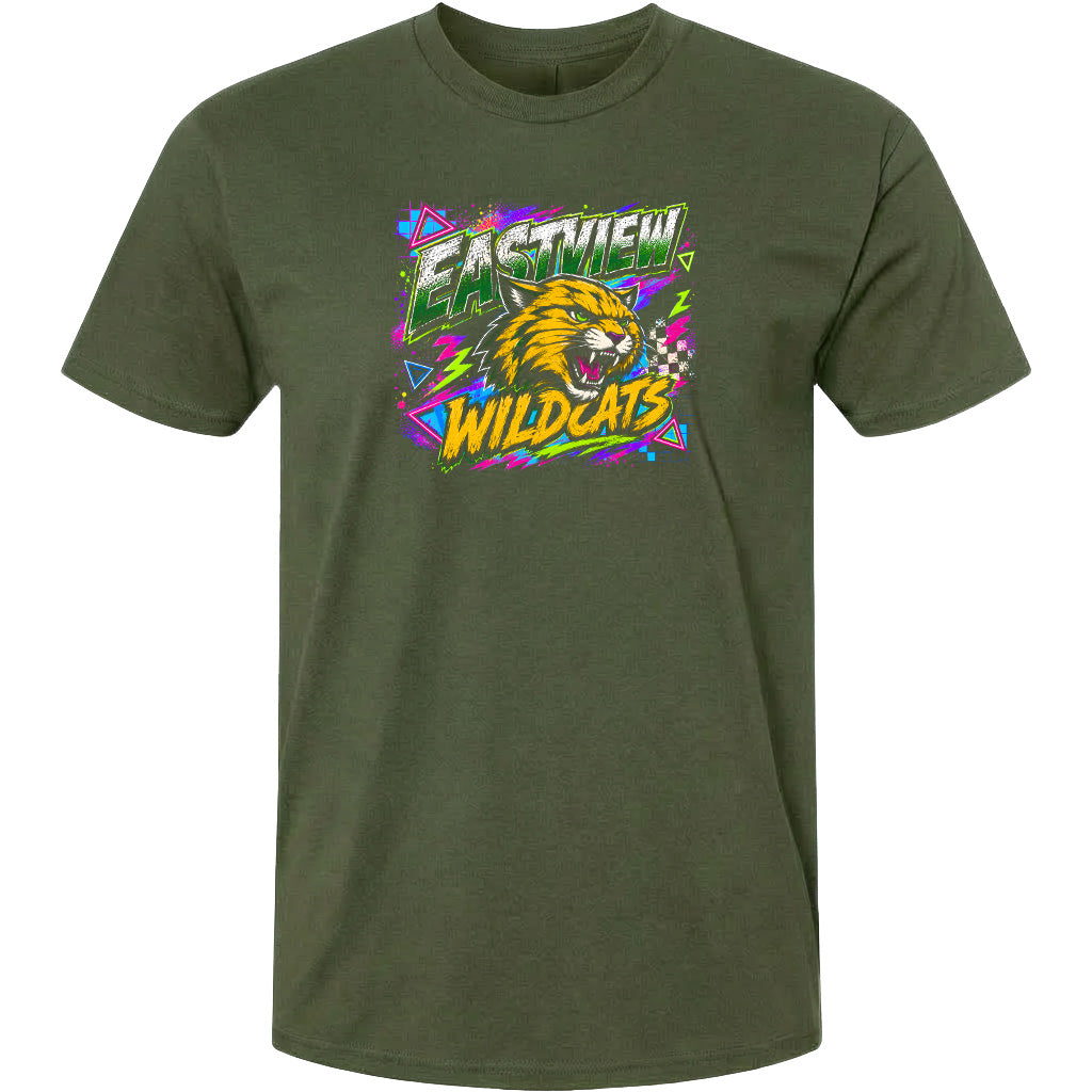 A green t-shirt with a graphic design featuring a cartoon-like wildcat and the text "EASTVIEW WILDCATS" in a colorful, stylized font.