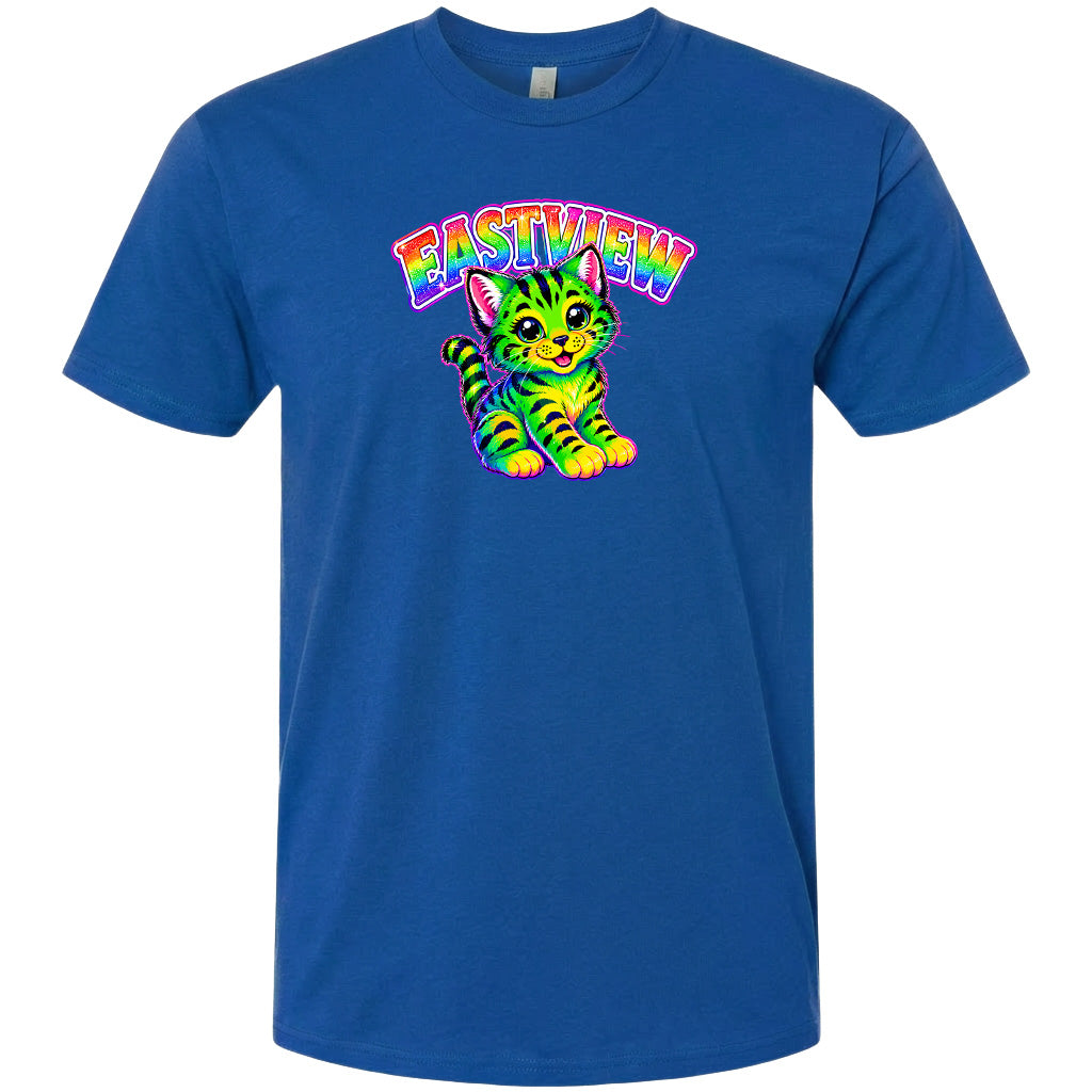 A blue t-shirt with a colorful graphic of a cat and the text "EASTVIEW" printed on it.