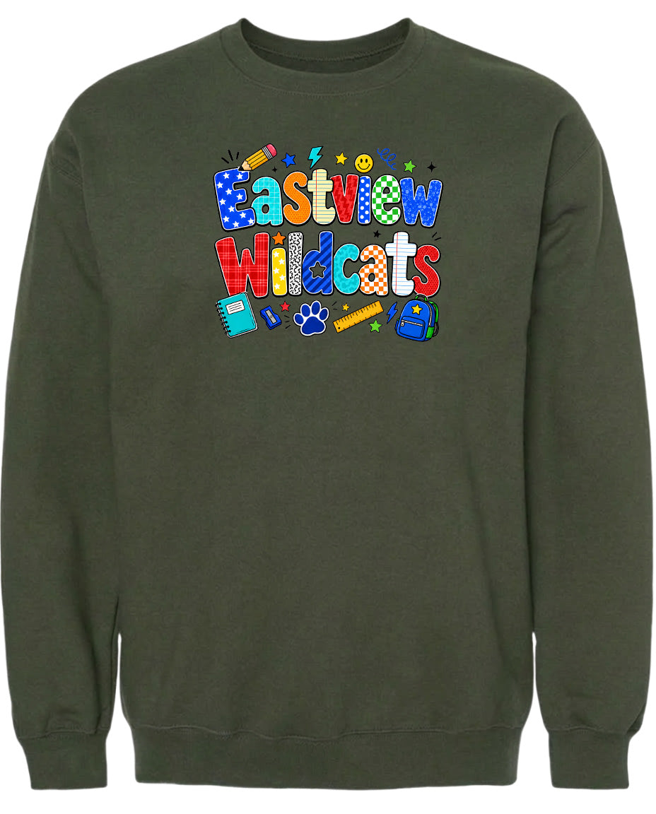 A dark green sweatshirt with a colorful graphic design featuring the text "Eastview Wildcats" and various school-related icons such as a pencil, backpack, and ruler.