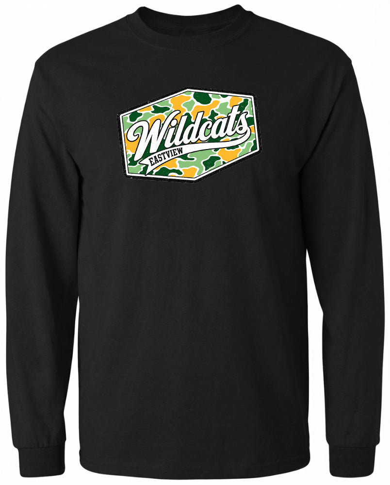 A black long-sleeved shirt with a graphic design on the front.