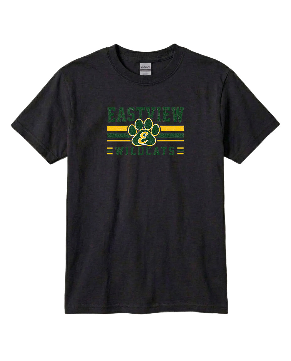 A black t-shirt with a graphic design featuring a paw print and the text "EACHVIEW WILDLIFE" printed on it.