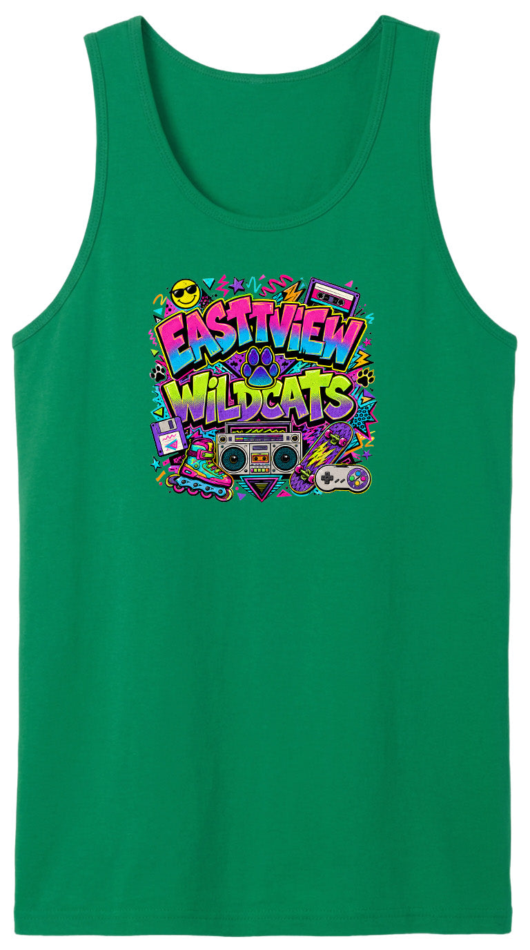 A green tank top with a colorful graphic design featuring the text "EASTVIEW WILDCATS" surrounded by various icons and symbols, such as a boombox, cassette tape, and other retro-style elements.