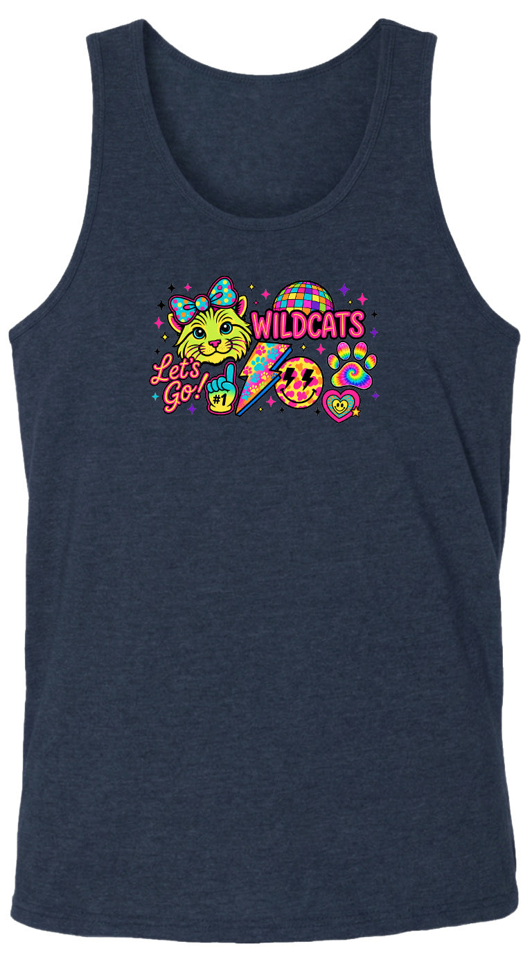 A dark blue tank top with a colorful graphic design featuring a cartoon cat, a lightning bolt, and various other elements.
