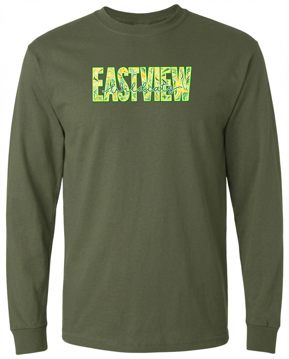 A dark green long-sleeved t-shirt with the word "EASTVIEW" printed on it in a stylized font.
