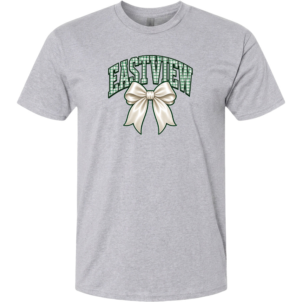 A gray t-shirt with a graphic design featuring a white bow and the word "EASTVIEW" written in green.