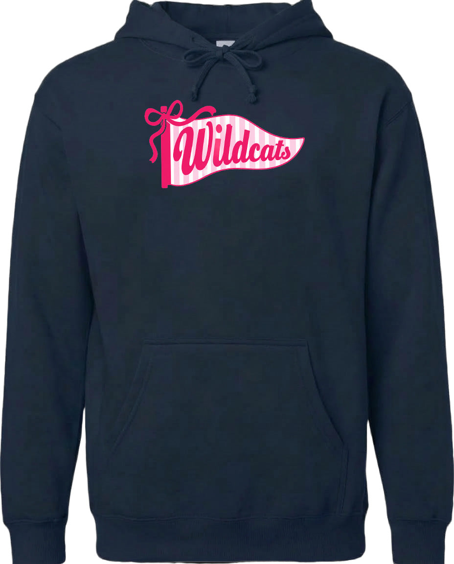 A navy blue hoodie with a pink banner that says "Wildcats" on it.