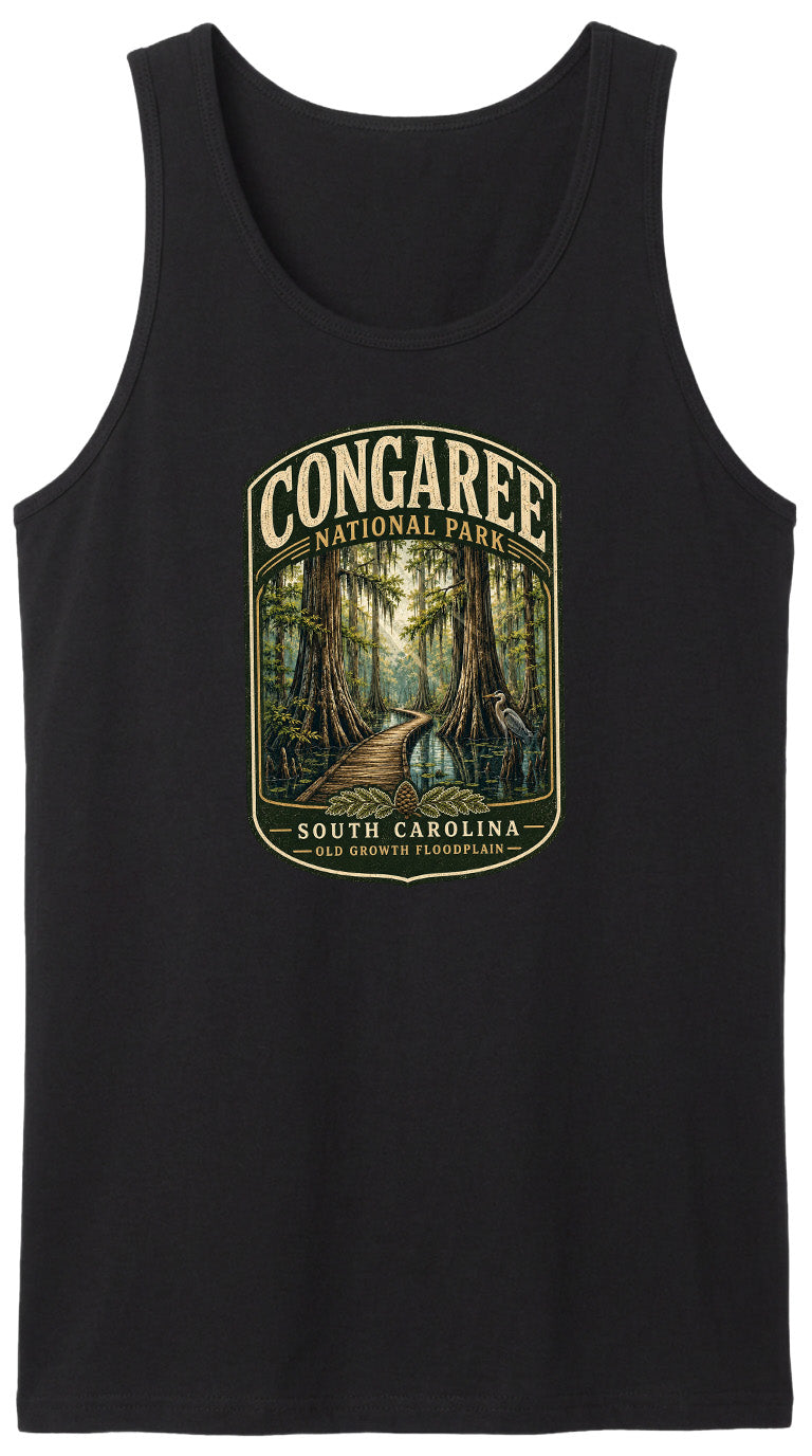 A black tank top with a graphic design depicting a forest scene with a winding path leading through the trees.