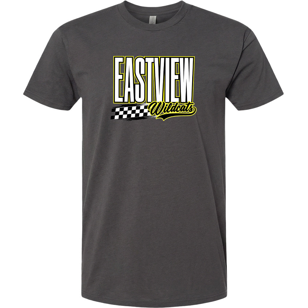 A gray t-shirt with a graphic design featuring the text "EASTVIEW Wildcats" in a stylized font.