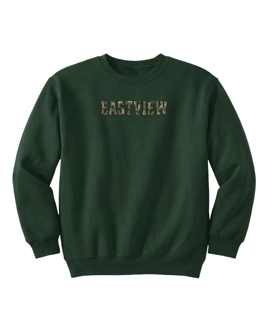 A dark green sweatshirt with the word "EASTVIEW" printed on it in a camouflage pattern.