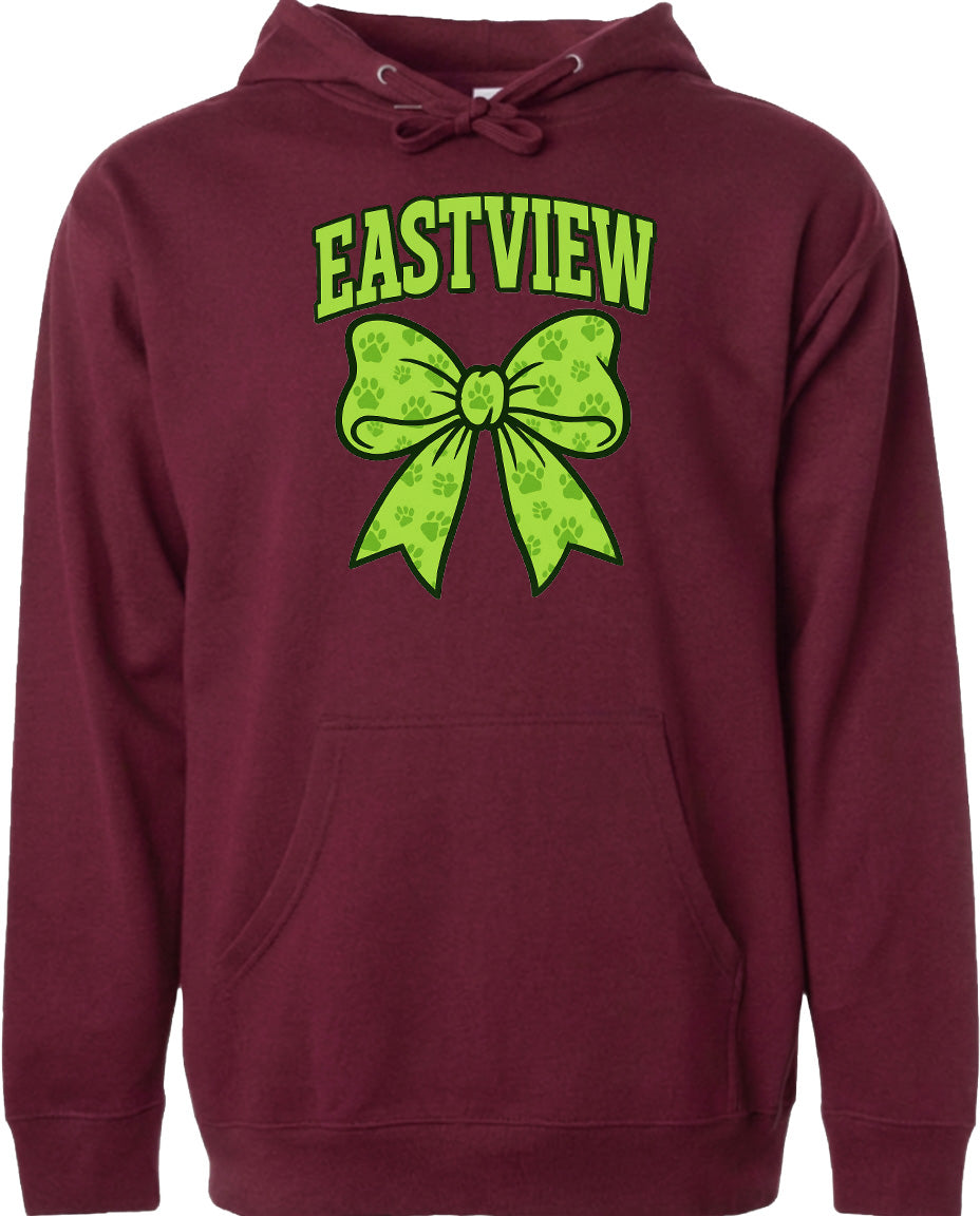 A burgundy hoodie with a graphic design on the front, featuring a green bow with paw prints and the word "EASTVIEW" written above it.
