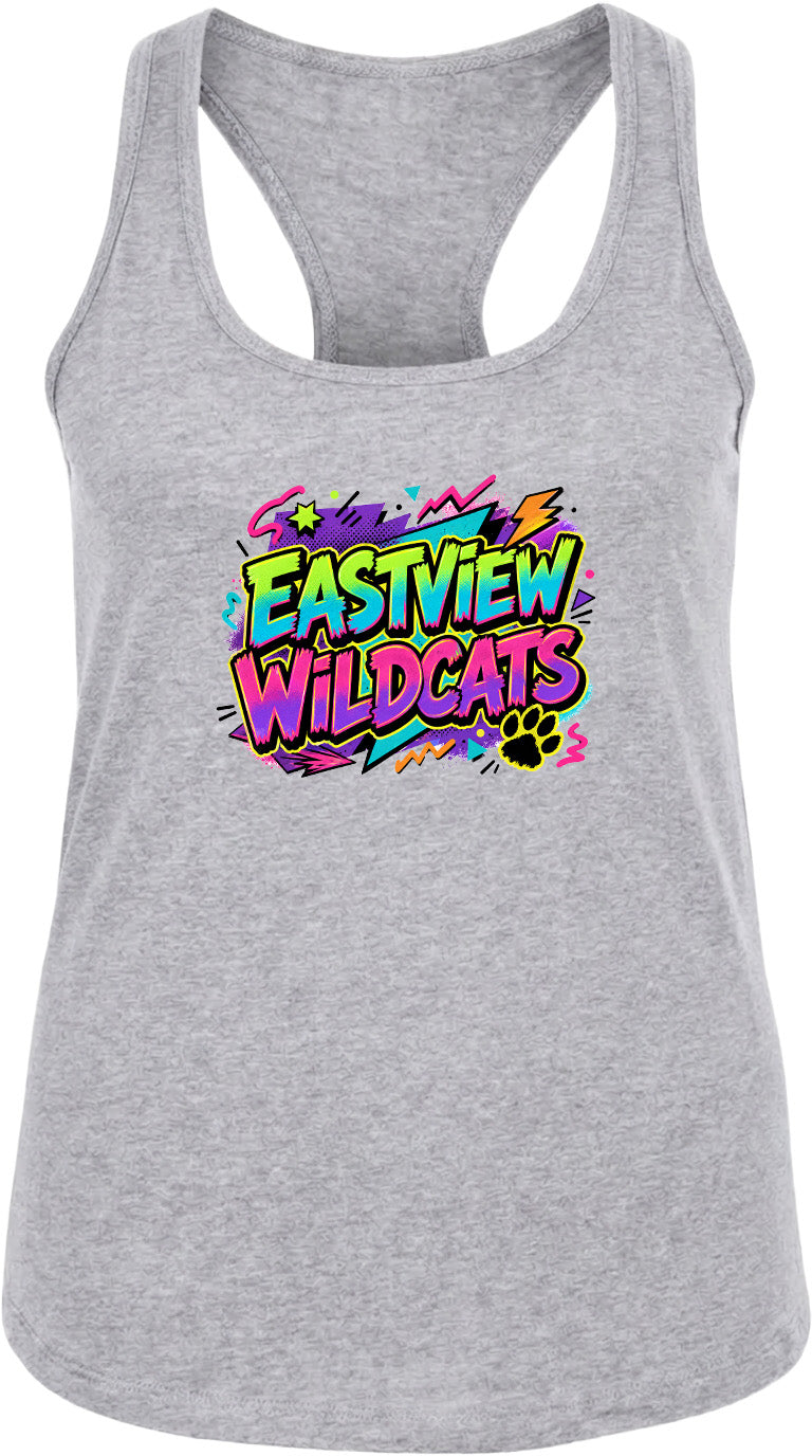 A gray tank top with a colorful graphic design featuring the text "EASTVIEW WILDCATS" and a paw print.