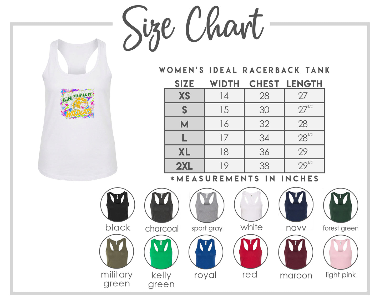 The image is a size chart for a women's ideal racerback tank, including various color options and corresponding chest length measurements in inches.