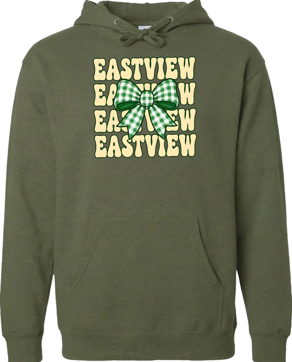 A green hoodie with a graphic design featuring a green and white bow on the front.