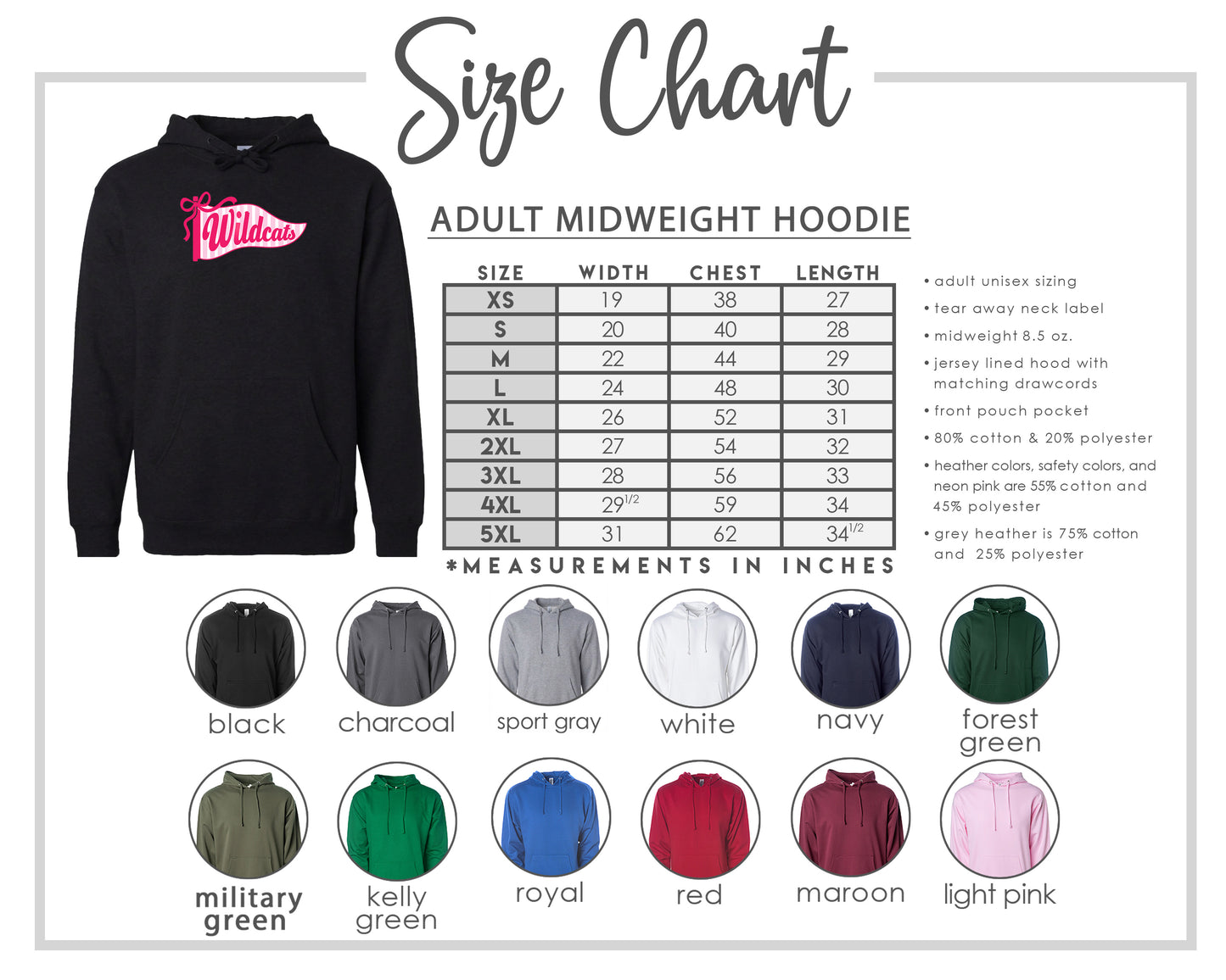 The image is a size chart for an adult midweight hoodie, including various color options and corresponding measurements in inches.