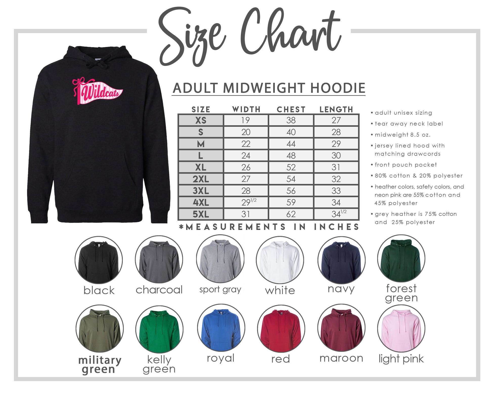 The image is a size chart for an adult midweight hoodie, including various color options and corresponding measurements in inches.