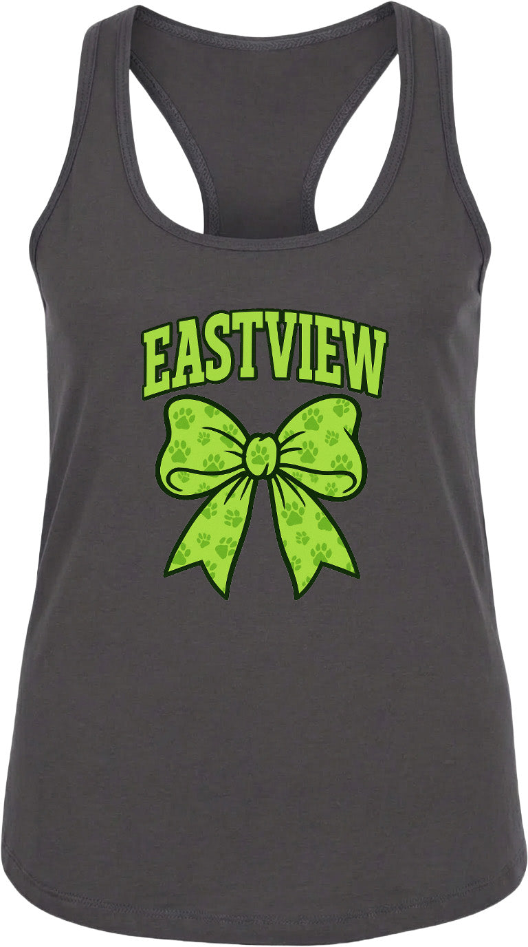 A gray tank top with a green bow and the text "EASTVIEW" printed on it.