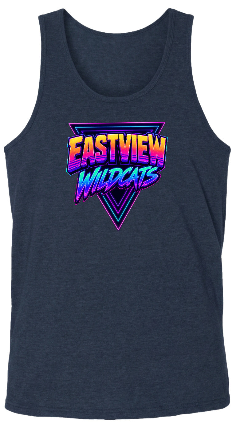 A dark blue tank top with a graphic design featuring the text "EASTVIEW WILDCATS" in a retro, neon-style font.