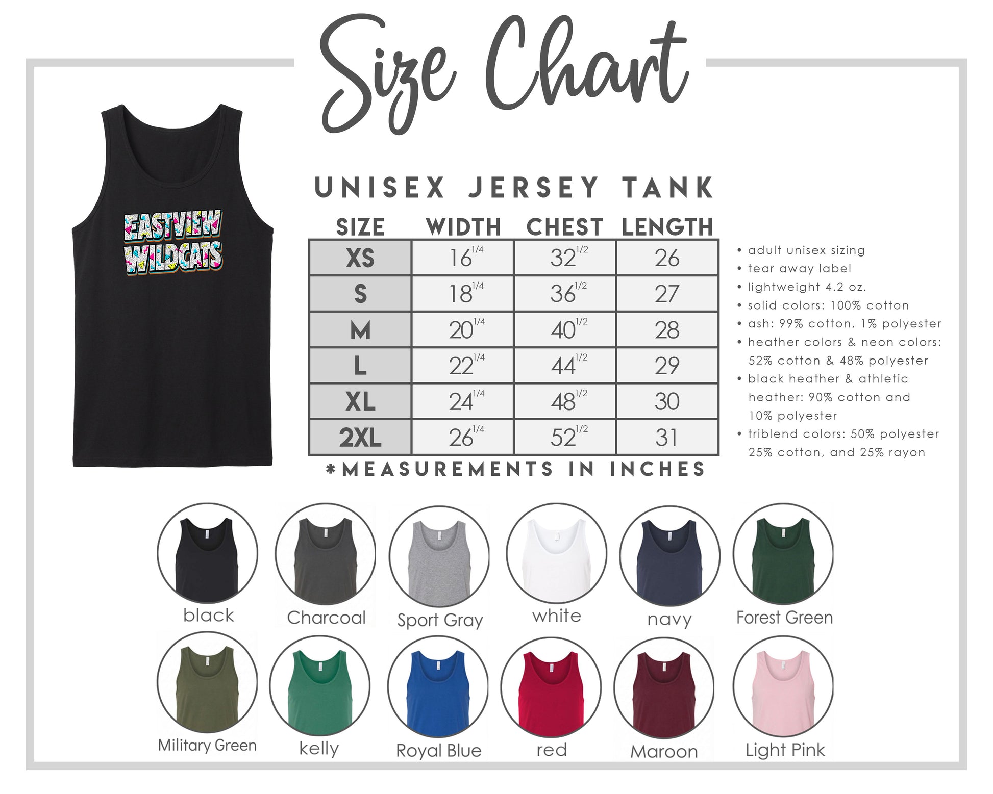 The image is a size chart for a unisex jersey tank, providing measurements and corresponding tank sizes for different chest lengths.