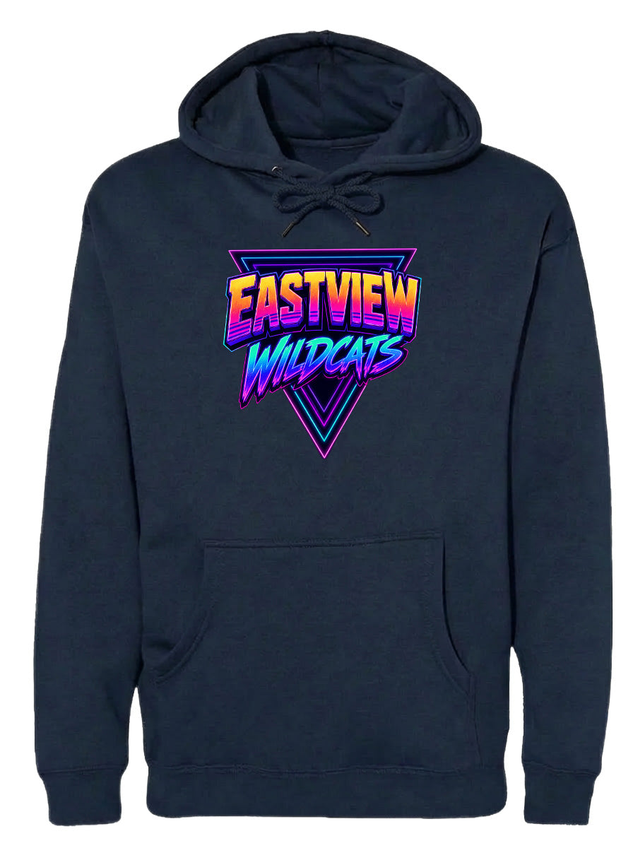 A navy blue hoodie with a graphic design featuring the text "EASTVIEW WILDCATS" in a colorful, retro-style font.